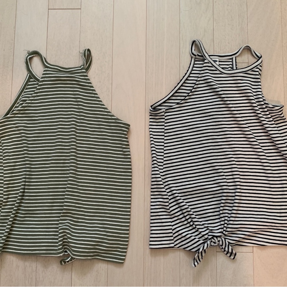 Rib Knit Tie-Front Striped Halter Tank Top